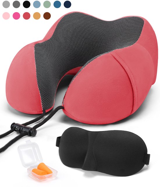SKYCASES Travel Essentials - Ensemble d'oreillers de cou 3 pièces - Oreiller de voyage ergonomique en mousse à mémoire de forme avec masque pour les yeux et bouchons d'oreille - Idéal pour l'avion, la voiture et le train - Compact et luxueux - Rouge