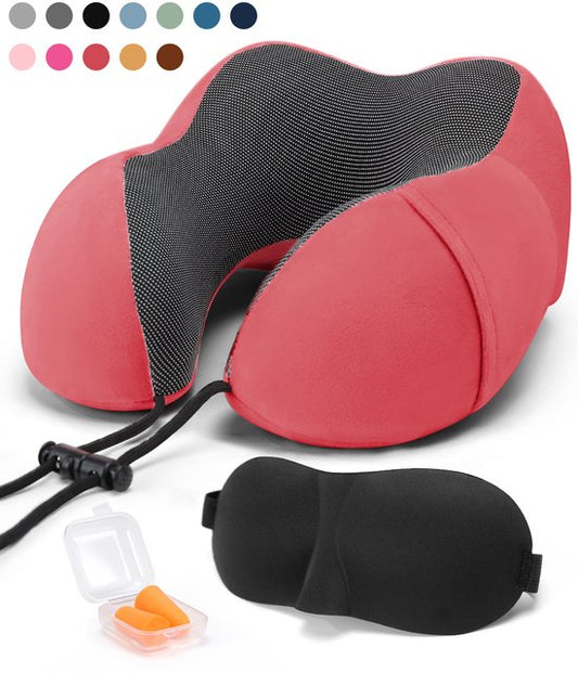 SKYCASES Travel Essentials - Ensemble d'oreillers de cou 3 pièces - Oreiller de voyage ergonomique en mousse à mémoire de forme avec masque pour les yeux et bouchons d'oreille - Idéal pour l'avion, la voiture et le train - Compact et luxueux - Rouge