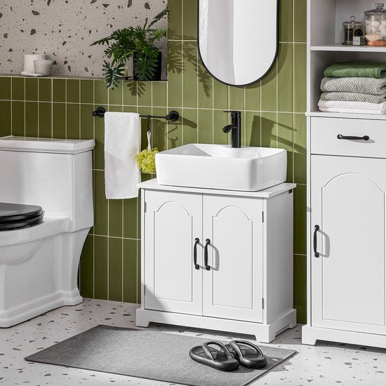 SoBuy Meuble bas pour évier, salle de bain, 60 cm, petit meuble de rangement sous évier avec étagères réglables, meuble compact pour évier, résistant à l'humidité, en bois, blanc, BZR205-W