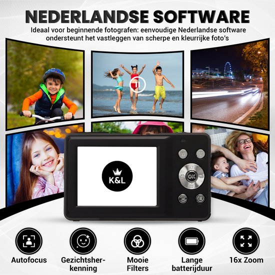 Appareil photo numérique K&L - Caméra photo - Caméra compacte - Caméra Vlog - Pour les enfants - Comprend 32GB - NL Software
