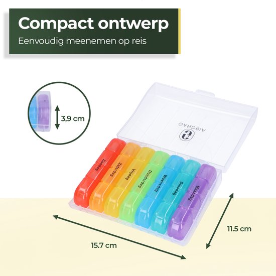 Pilulier Gandria 7 jours - Pilulier amovible - Boîte à médicaments avec 28 compartiments - Boîte à médicaments avec fermeture solide - 4 compartiments par jour - 7 couleurs