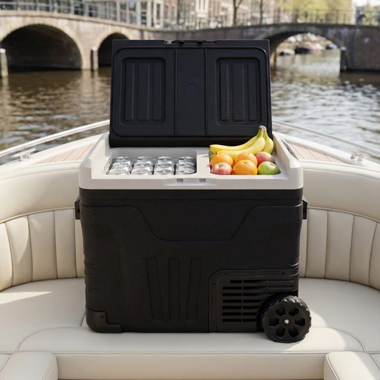 Auronic Electric Cool Box - Compresseur - 2 Zones - 45L - 12/24V et 240V - Réfrigération et congélation - Réfrigérateur de camping - Frigobox Auto - Avec roues et poignée - Noir