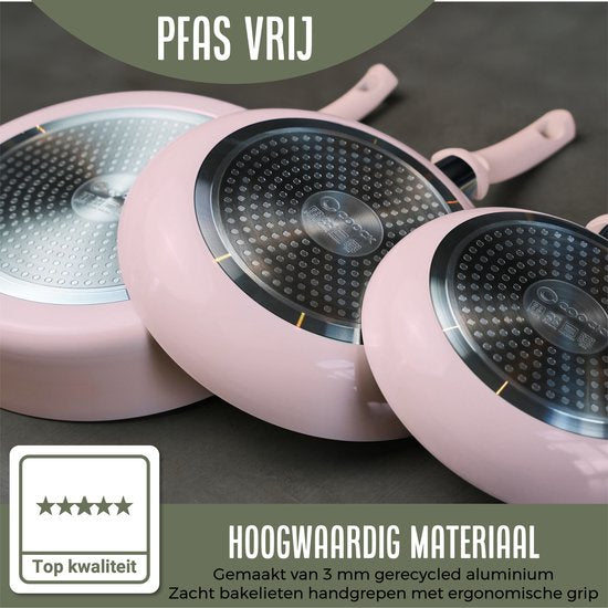 COOCK Ensemble de casseroles 19 pièces - Revêtement spécial antiadhésif - Poignées froides ergonomiques - Aluminium recyclé - Ensemble de poêles à frire - Ensemble de casseroles - Rose pâle - Sous-verres et livre électronique inclus