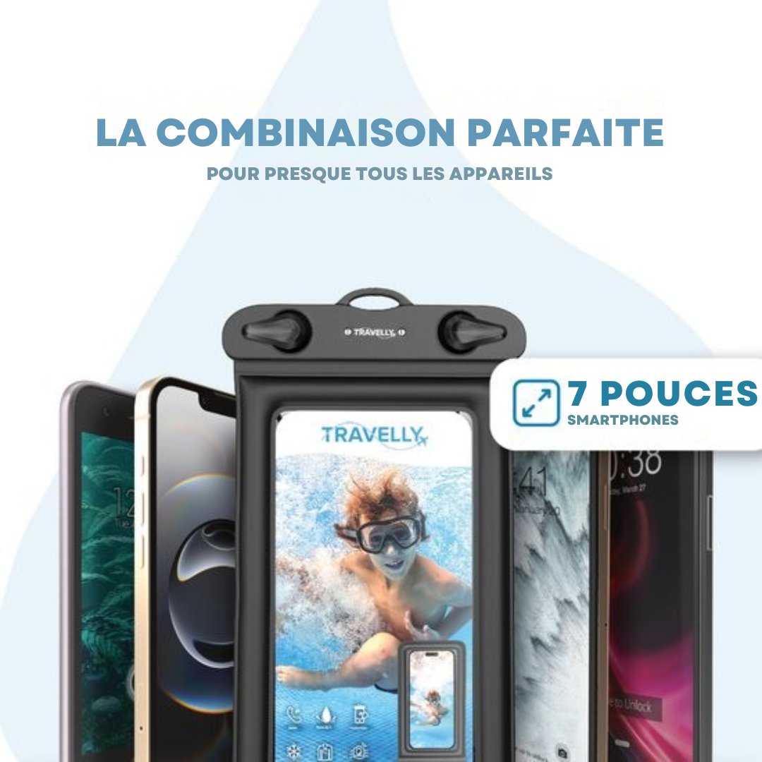 Étui étanche pour téléphone Travelly® - lot de 2 - Étui sous-marin universel pour smartphone - Convient à tous les téléphones - Pour les vacances, la natation et les sports nautiques - Noir/Noir