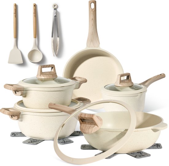 Just Perfecto 14 Piece Induction Cookware Set - Beige Cookware Set With Lid For Gas and Induction - PFAS free - Cold grips