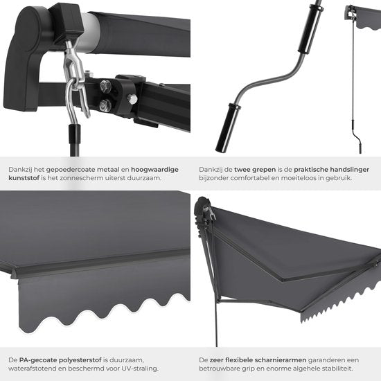 tectake® Sunshade with Articulated Arm - 300 x 250 cm - Store - Protection solaire pour fenêtre, balcon, extérieur - Fixation murale - Résistant à l'eau et aux UV - Gris foncé