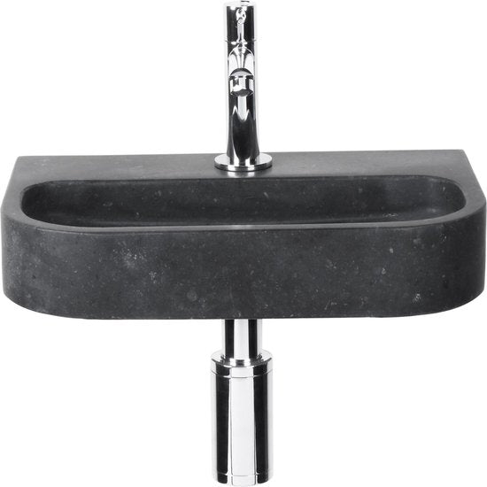 Differnz Fontaine ovale - Evier en pierre naturelle - Noir - Robinet droit - Chrome - Poignée standard - 38 x 24 x 8 cm