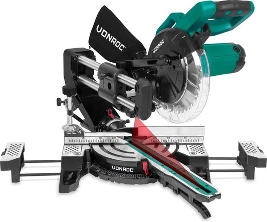 VONROC Tronçonneuse compacte - scie d'abattage - scie à onglet 2200W - Ø216mm - 5200 /min - Bras d'onglet amovible - Fonction de traction - Rallonges de table réglables - Inclinable (0-45°) - Butée de longueur - Contrôle de profondeur - Laser & LED - Lame