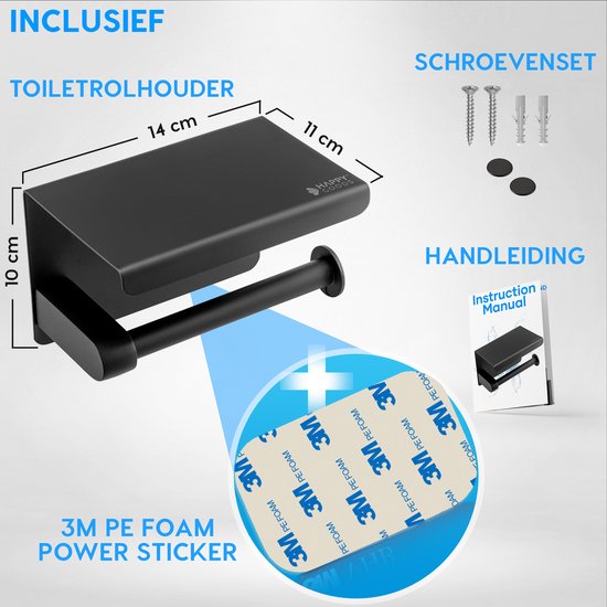 Happy Goods Porte-rouleau de toilette avec étagère - Autocollant / Perçage - Porte-rouleau de toilette Noir sans perçage - Acier inoxydable - Vis incluses.