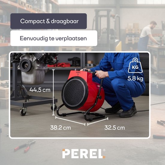 Perel Chauffage électrique à ventilateur 3000W, 2 niveaux de chaleur, thermostat et mode refroidissement, IP24, protection contre la surchauffe et l'inclinaison, chauffage portable compact pour l'atelier, le garage, la remise