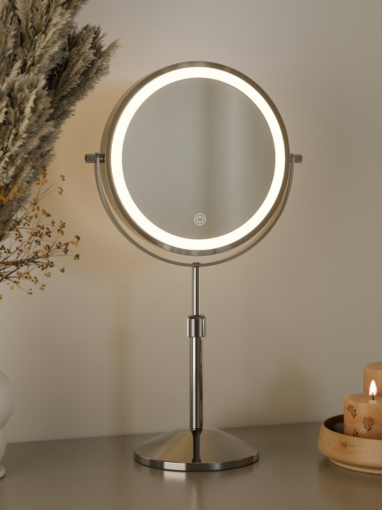 Nolt Miroir de maquillage avec éclairage LED - Miroir grossissant 1X/10X - Miroir de rasage - Lampe de chevet - 3 modes d'éclairage - Rechargeable - Argent