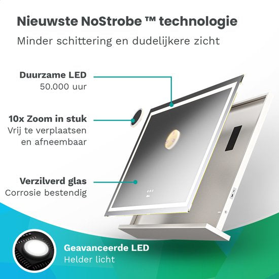 Mirlux Hollywood Mirror 80x60CM - 2 haut-parleurs Bluetooth - ports de charge USB et USB-C - éclairage LED - miroir de maquillage - zoom 10x - suspendu - blanc