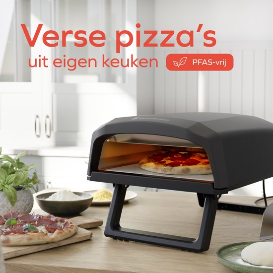 KitchenBrothers Four à Pizza - Electrique - Modèle de table - Sans PFAS - Pliable - Pierre à pizza - Pizzeria - Four à pizza pour l'extérieur et l'intérieur - Noir/Gris