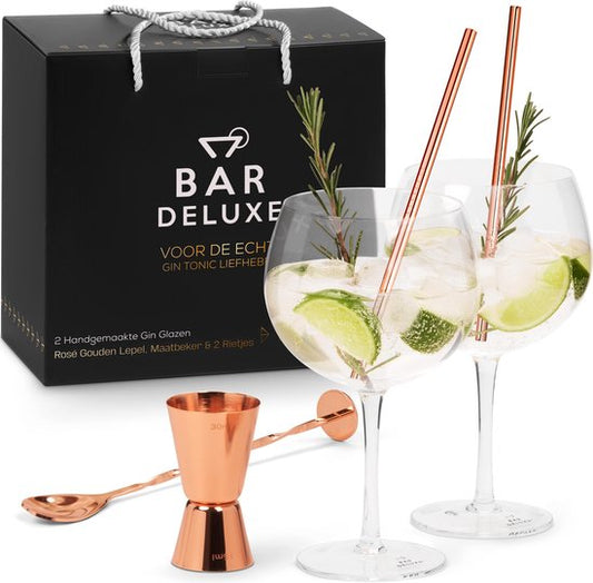 BarDeluxe® Verres à Gin Tonic - 500ml - Coffret Gin Tonic - Soufflé à la main - Verres à Gin - 2 pièces - Coffret Gin - Cristal - Cadeau pour femme - Cadeau pour homme - Comprend 2 verres à Gin, une cuillère à Gin Tonic, une tasse à mesurer, 2 pailles en