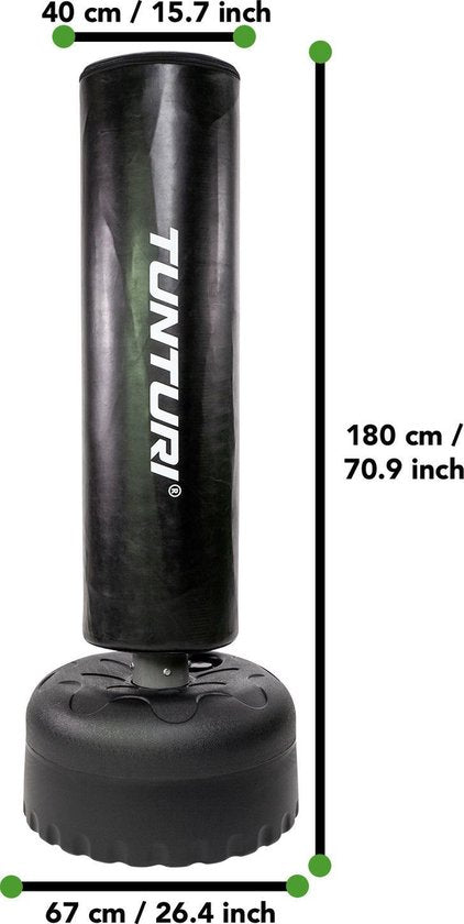 Tunturi Standing Boxing Bag - Bâton de boxe autoportant - Facilement déplaçable - Hauteur 180 cm - Avec base remplissable en sable, gravier ou eau - Noir - Avec application fitness gratuite