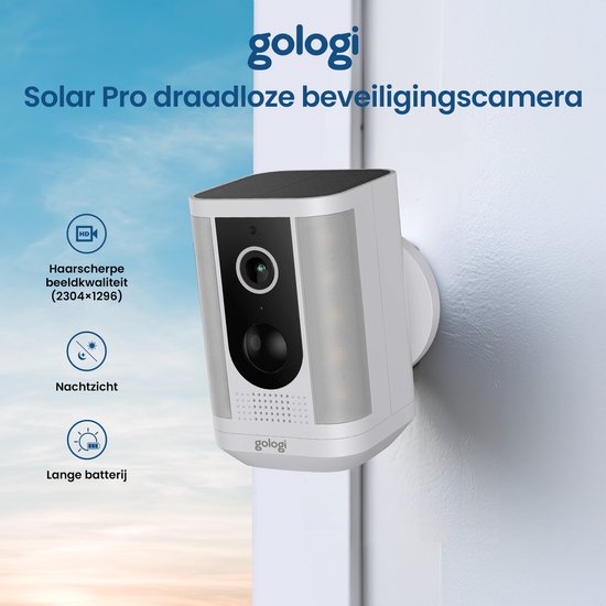 Gologi Solar Pro Caméra de sécurité extérieure - 5200 mAh - Vision nocturne - Détection de mouvement - Caméra de surveillance - Panneau solaire - Sans fil - USB-C - WiFi et App - Blanc