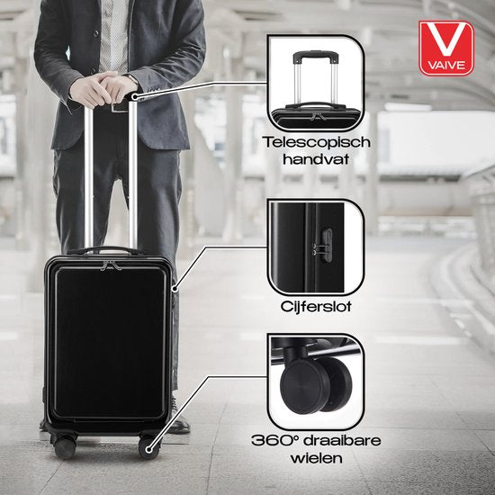 VAIVE Hand Luggage Suitcase With Front Pocket - 43L Suitcase - Lightweight Trolley - Black
