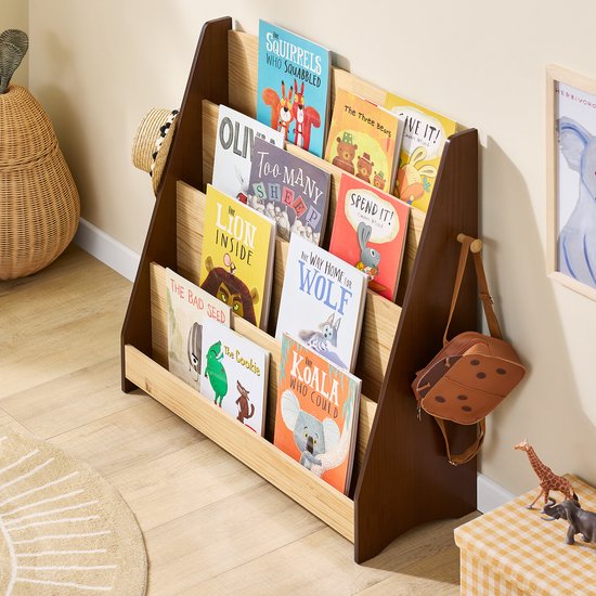 SoBuy KMB32-N Bibliothèque pour enfants, jouets, bibliothèque, 4 niveaux, avec 2 crochets, étagère à livres, meuble de rangement, chambre, bureau, salon, nature, 91 x 30 x 89 cm