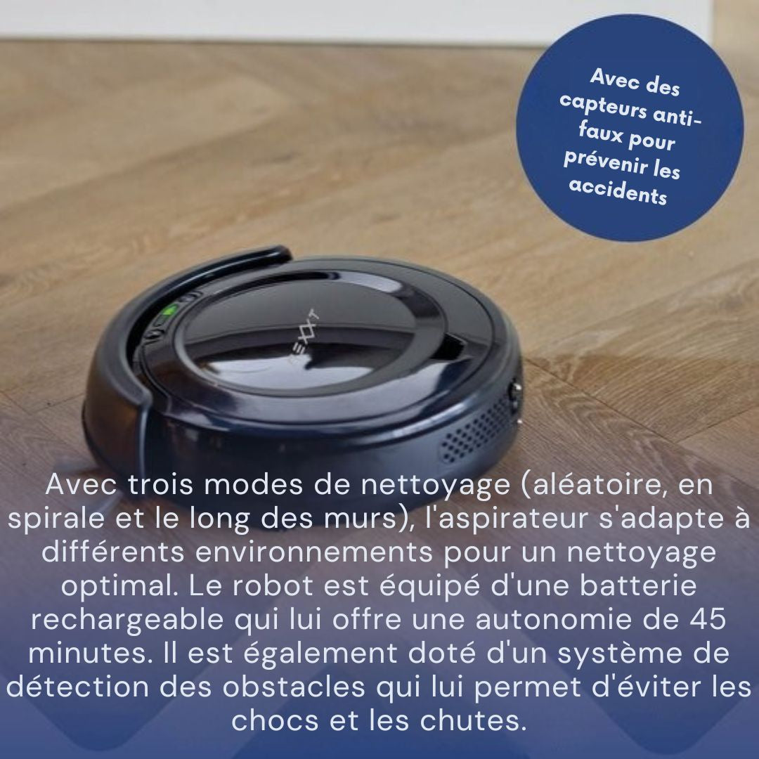 Robot aspirateur avec station de recharge 3 en 1 - Nexxt - pour animaux de compagnie - Capteur anti-virus et 3 modes de nettoyage - Adaptateur et brosse inclus - 17W - noir