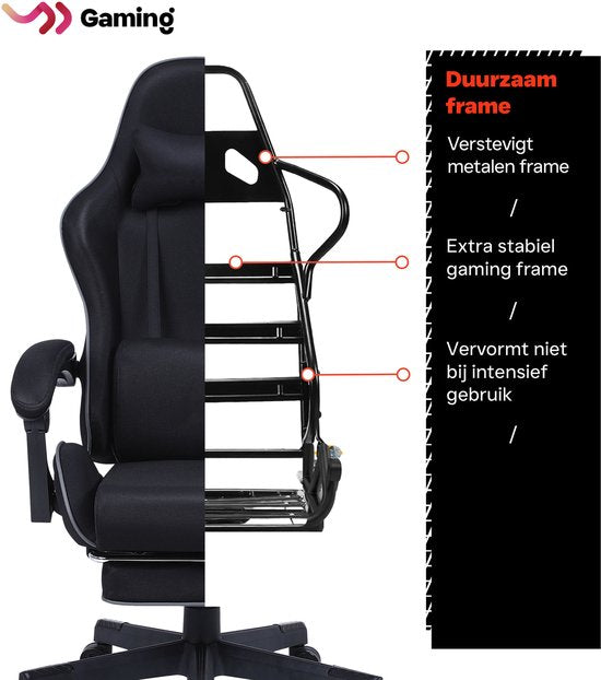 VDD Gaming - Fauteuil de jeu avec fonction de massage et repose-pieds - Fauteuil de jeu de couleur noire - Fauteuil de jeu avec coussin pour la nuque et dossier réglable - Fauteuil de bureau ergonomique avec accoudoirs rembourrés - Capacité de charge maxi