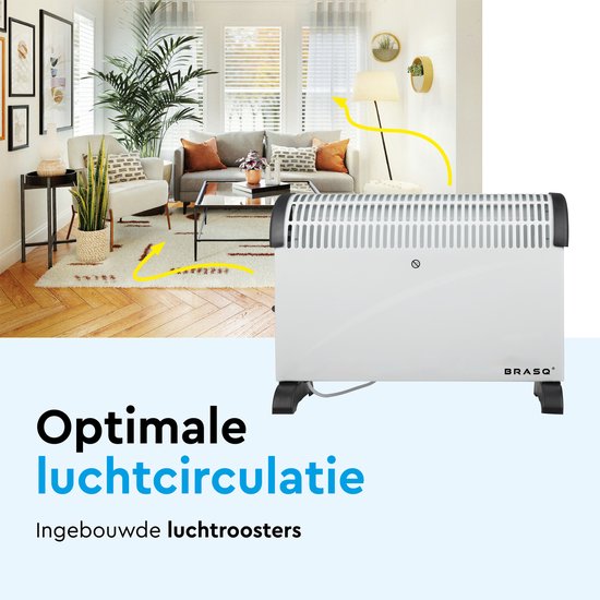 BRASQ - Convecteur électrique - Fonction turbo et thermostat réglable - Compact et silencieux - Minuterie - 750/1250-2000 watts - Chauffage avec protection contre la surchauffe - Blanc - Chauffage électrique