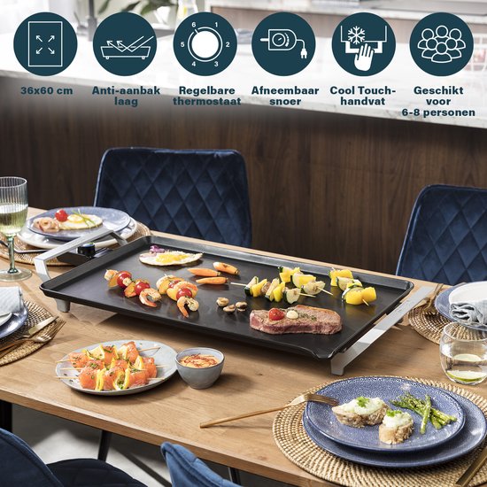 Princess Griddle 103120 - Table Chef Premium - Griddle - Gourmet - Large 60x36 cm - 2500W - Thermostat réglable - Cordon de 1,5 mètre - Teppanyaki - Double élément chauffant - Chauffage extra rapide