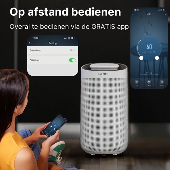 2x Sofresh Déshumidificateur et Purificateur d'air en 1 - Espaces jusqu'à 40m² - Déshumidifie 16L par jour - Contrôle par application - Filtre HEPA - Silencieux - Salon, chambre, salle de bain, sous-sol - Blanc