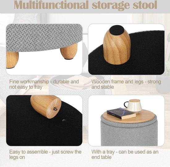 Rootz Hocker - Tabouret - Tabouret - Siège de rangement - Banc - Tabouret - Meuble - Gris clair - Ø39x33 cm