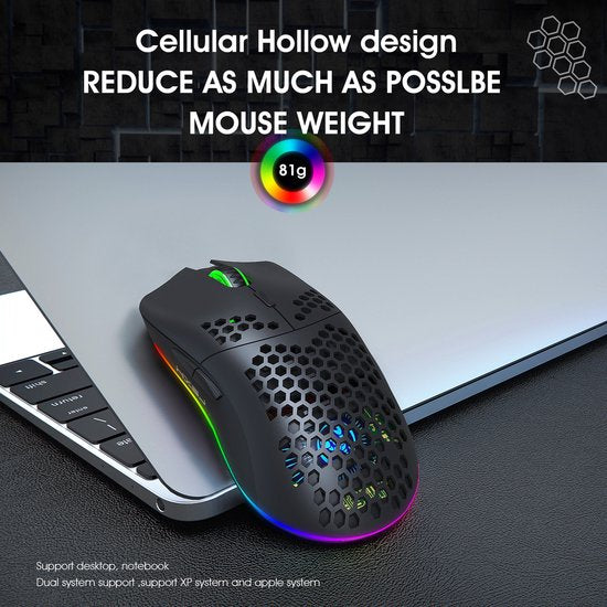 HXSJ T66 - Souris de jeu sans fil - Souris d'ordinateur - Ultra légère - Eclairage RGB - Noir