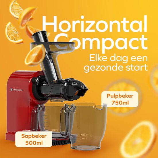 KitchenBrothers Slowjuicer - Compact - Presse-agrumes - Presse-légumes et fruits - 45 mm - 500 ml - Rouge