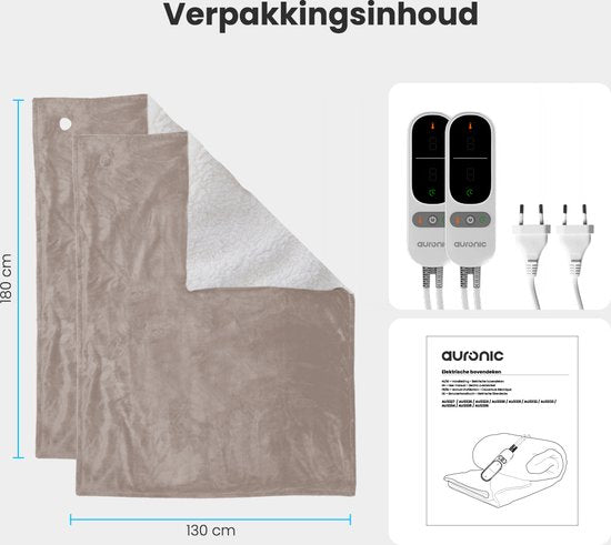 Couverture électrique Auronic - Duo Pack - Couverture chauffante - Polaire Sherpa - 9 niveaux de chaleur - 180x130 - 1 personne - Taupe