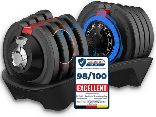 DH FitLife Haltères réglables de 1,5 à 18 kg avec base de rangement pour la musculation des femmes et des hommes, ensemble d'haltères avec plaques de poids, peu encombrant pour l'entraînement, poids variable 12-en-1, 1 Pièce