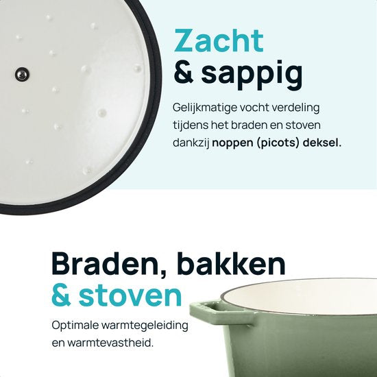 MOA Casserole en fonte - 5,7L - Pour toutes les sources de chaleur y compris l'induction - Avec couvercle - Ø 26cm - Revêtement antiadhésif - Vert