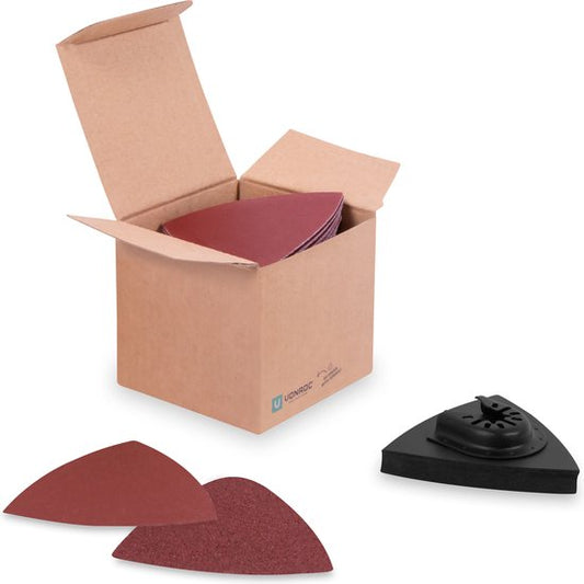 VONROC Set de papier de verre et de tampons de ponçage Delta - 80/82mm - 50 feuilles de grain 60, 80, 100, 120 et 140 - Universel