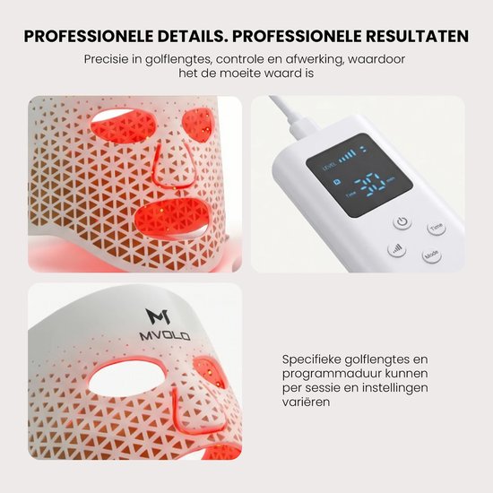 Mvolo® LED Face Mask - Masque professionnel de luminothérapie rouge avec masque pour le cou - Masque à lumière infrarouge 4 longueurs d'onde - Sans fil - Soins de la peau