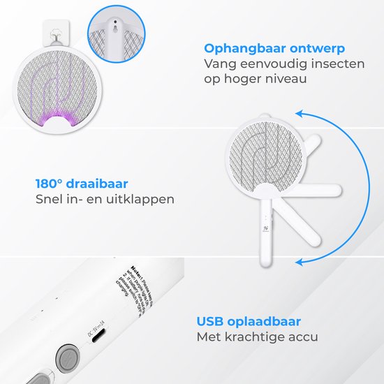 Nuvance Electric Fly Swatter - 180° Swivel Handle - Mosquito Lamp - Usb Rechargeable - Fly Swatter - Mosquito Catcher - Uv - White
