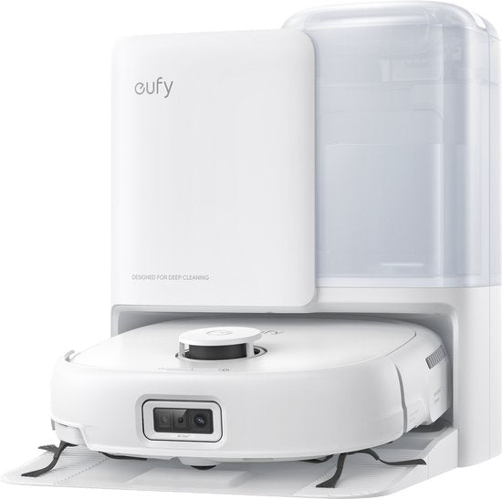 eufy Robot Aspirateur Omni E25, système de balayage HydroJet, puissance d'aspiration de 20 000 Pa, brosses DuoSpiral qui démêlent, bras CornerRover pour nettoyer les coins, station tout-en-un, pour les familles avec animaux et enfants.