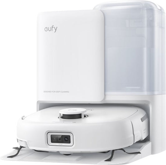 eufy Robot Aspirateur Omni E25, système de balayage HydroJet, puissance d'aspiration de 20 000 Pa, brosses DuoSpiral qui démêlent, bras CornerRover pour nettoyer les coins, station tout-en-un, pour les familles avec animaux et enfants.