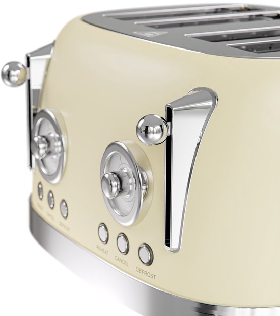 KitchenBrothers Retro Toaster - Grille-pain - 6 niveaux de chaleur - 4 fentes extra-larges - 815W - Beige
