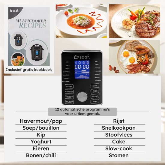 Multicuiseur avec Airfryer - 15 pièces - 6L - 24 programmes automatiques - Mijoteuse, cuiseur de riz, cuiseur vapeur, autocuiseur - Gris - de Saaf