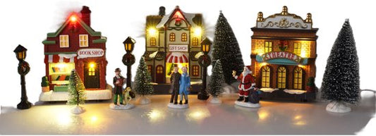 Ensemble de maisons du village de Noël - avec accessoires - 14 pièces - avec LED - RGB - batterie