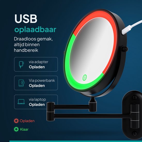 Mirlux Miroir de maquillage avec éclairage Led - rechargeable - grossissement 5X - miroir grossissant avec lumière - miroir de rasage - miroir de salle de bain - noir
