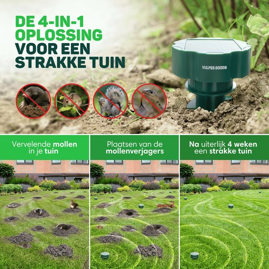 Vulpes Goods® Repellent - Répulsif à taupes - 4 pièces - Répulsif à souris - Contrôle des taupes - Alimenté par énergie solaire - Imperméable - Respectueux des animaux - PRO V2