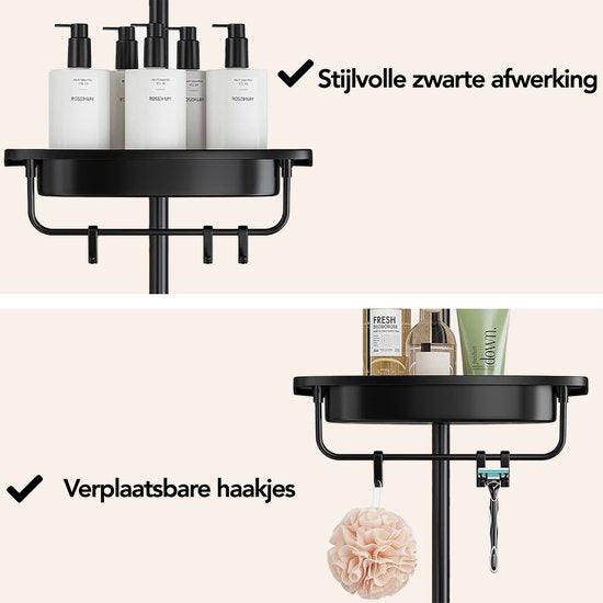 Brixy Support de douche - télescopique - 85-305 cm - sans perçage - du sol au plafond - 4 étagères - 3 crochets - noir