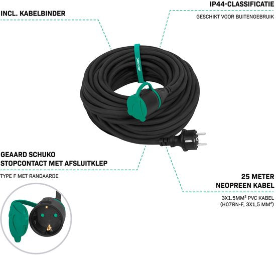 VONROC PRO Câble d'extension 25m - IP44 - Câble néoprène H07RN-F 3x1,5 mm² - Avec attache de câble (câble d'extension)