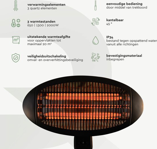 BRASQ Chauffe-terrasse électrique pendant PHW100 - Chauffe 2000W - 3 niveaux de chaleur - Intérieur et extérieur - Résistant aux éclaboussures - Noir