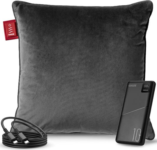 Coozie Heat Pillow Grey Velvet - Rechargeable électriquement - Oreiller chauffant sans fil - 45 x 45 cm