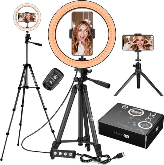 Studio ME Ring Lamp with Tripod 10 inch - Black - Ring Light - 30 Light modes - Incl. Remote Control & Mini Tripod - Ringlight - Ring Lamps