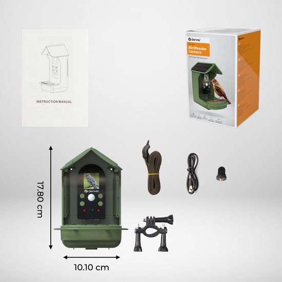 Nichoir avec caméra intégrée - Denver - Full HD - 12MP - Photo et Video - Mangeoire d'oiseaux - Angle de vue de 100 degrés - BFC1200 - Vert
