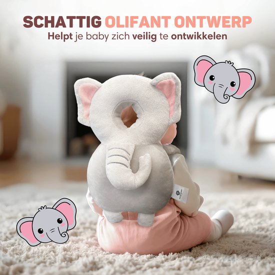 Vulpes Goods® BabyCare - Coussin de tête pour bébé - Oreiller de sécurité pour bébé - Sac à dos pour les chutes - Respirant en 3D - Apprendre à marcher en toute sécurité - Éléphant
